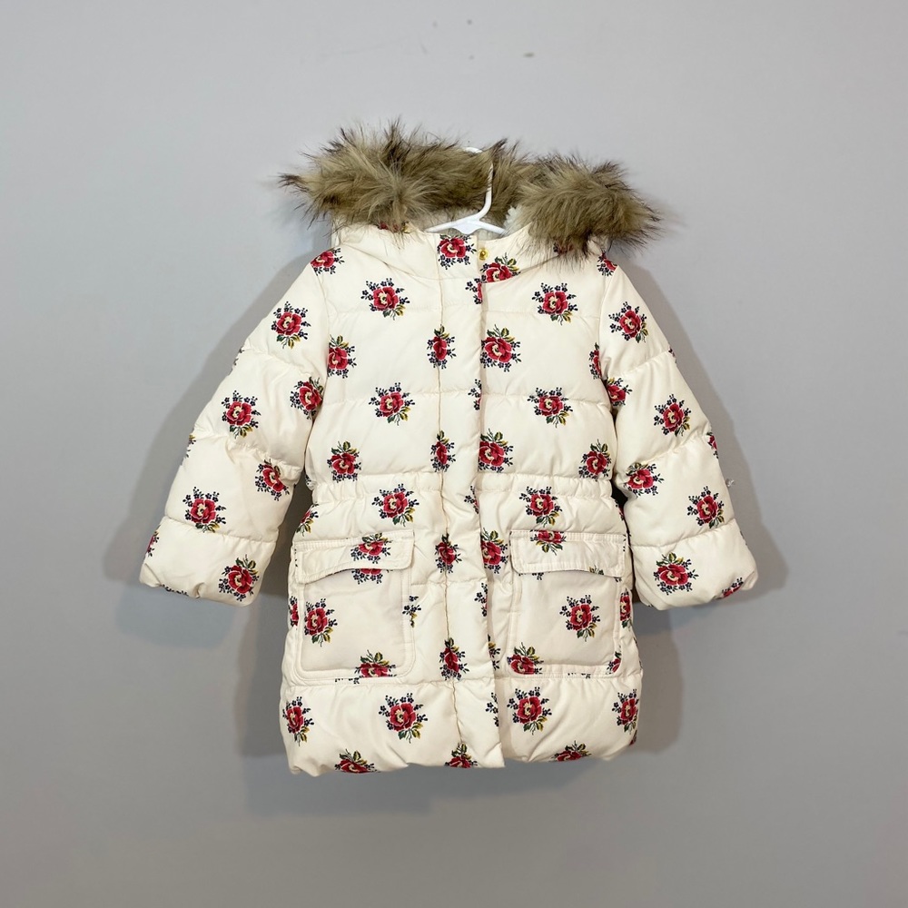 GAP Flower Puffer Faux Fur Trim Coat